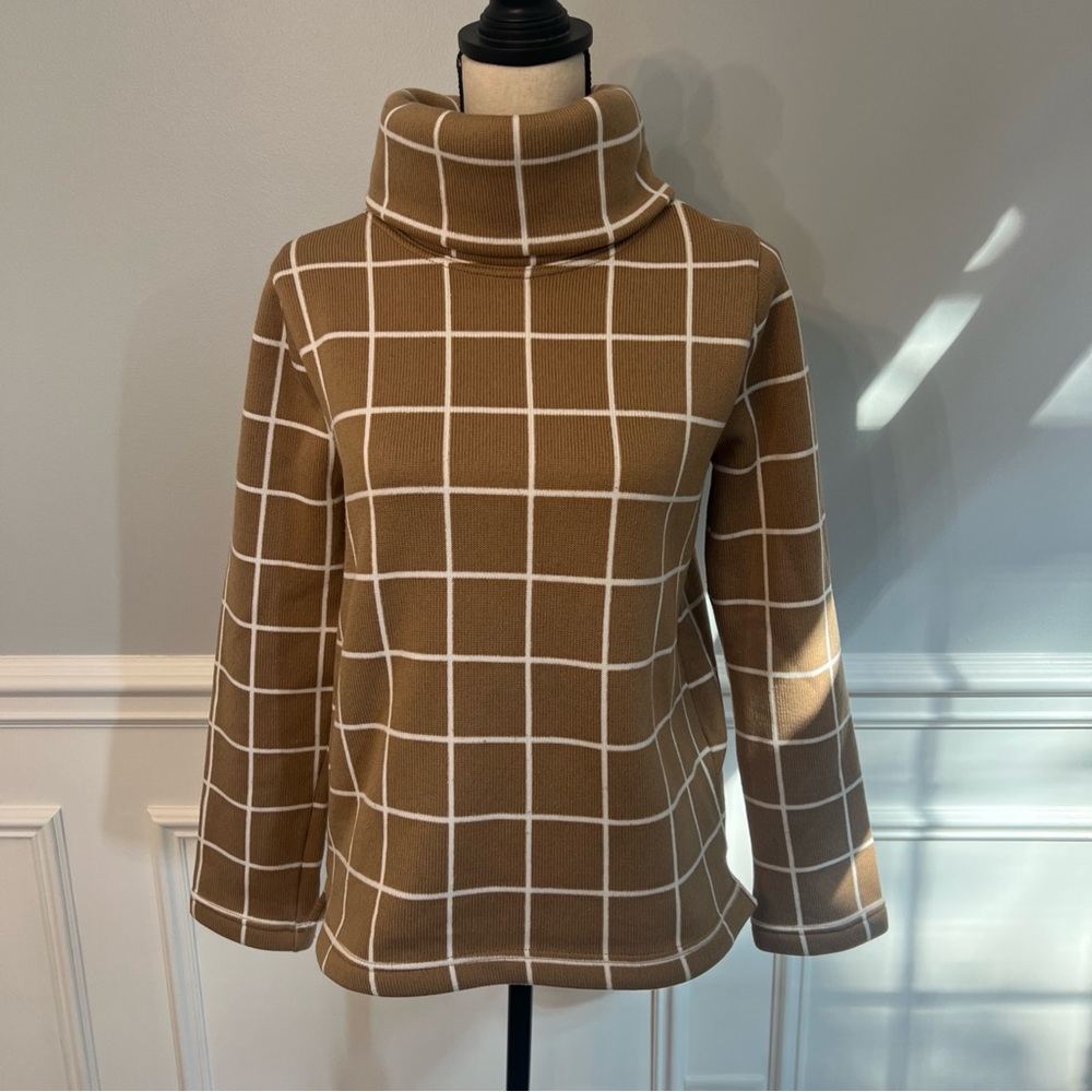 J Crew Fan Windowpane Funnelneck Sweater Women M Old Money Quiet Luxury Preppy
